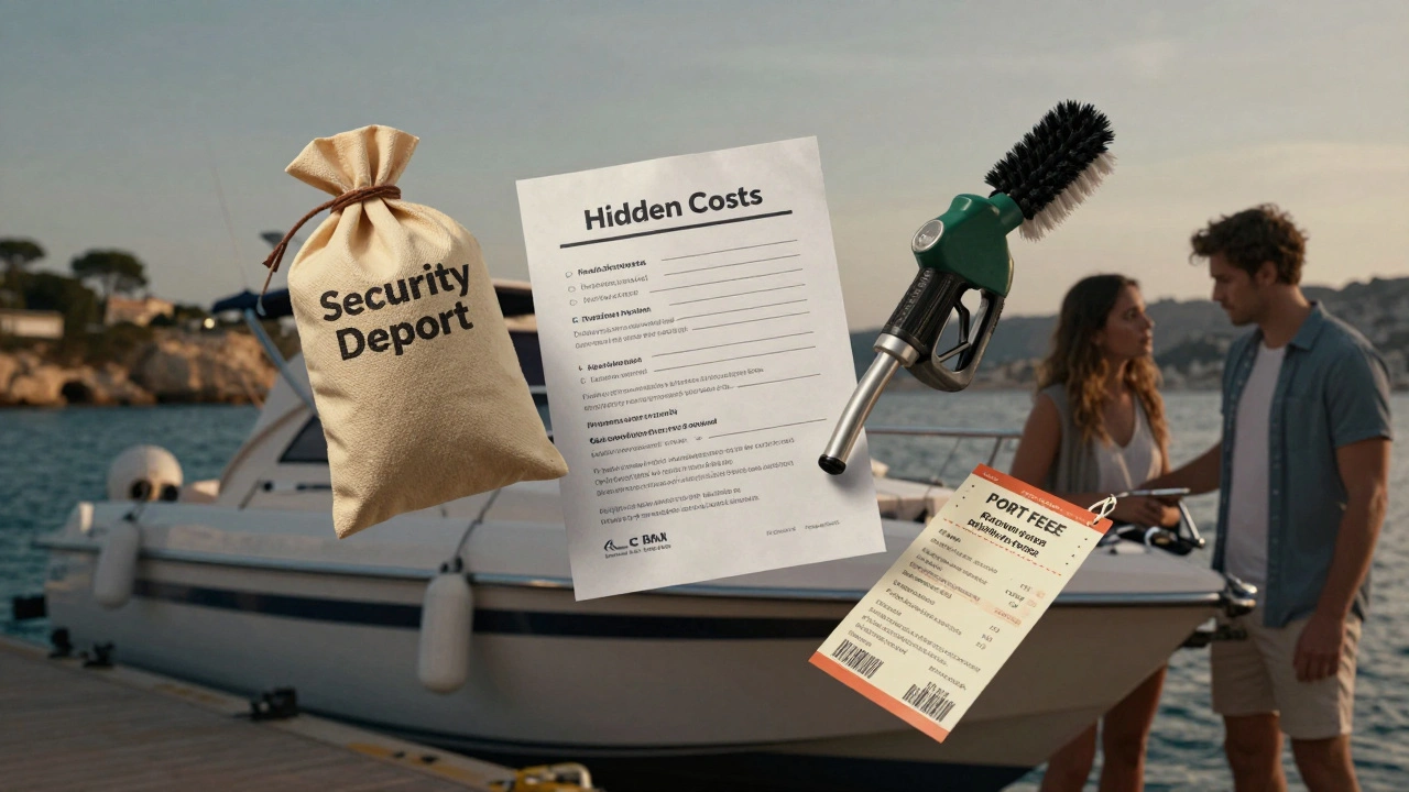 Objetos simbólicos de costos ocultos flotando sobre un barco alquilado en el muelle de Ibiza.