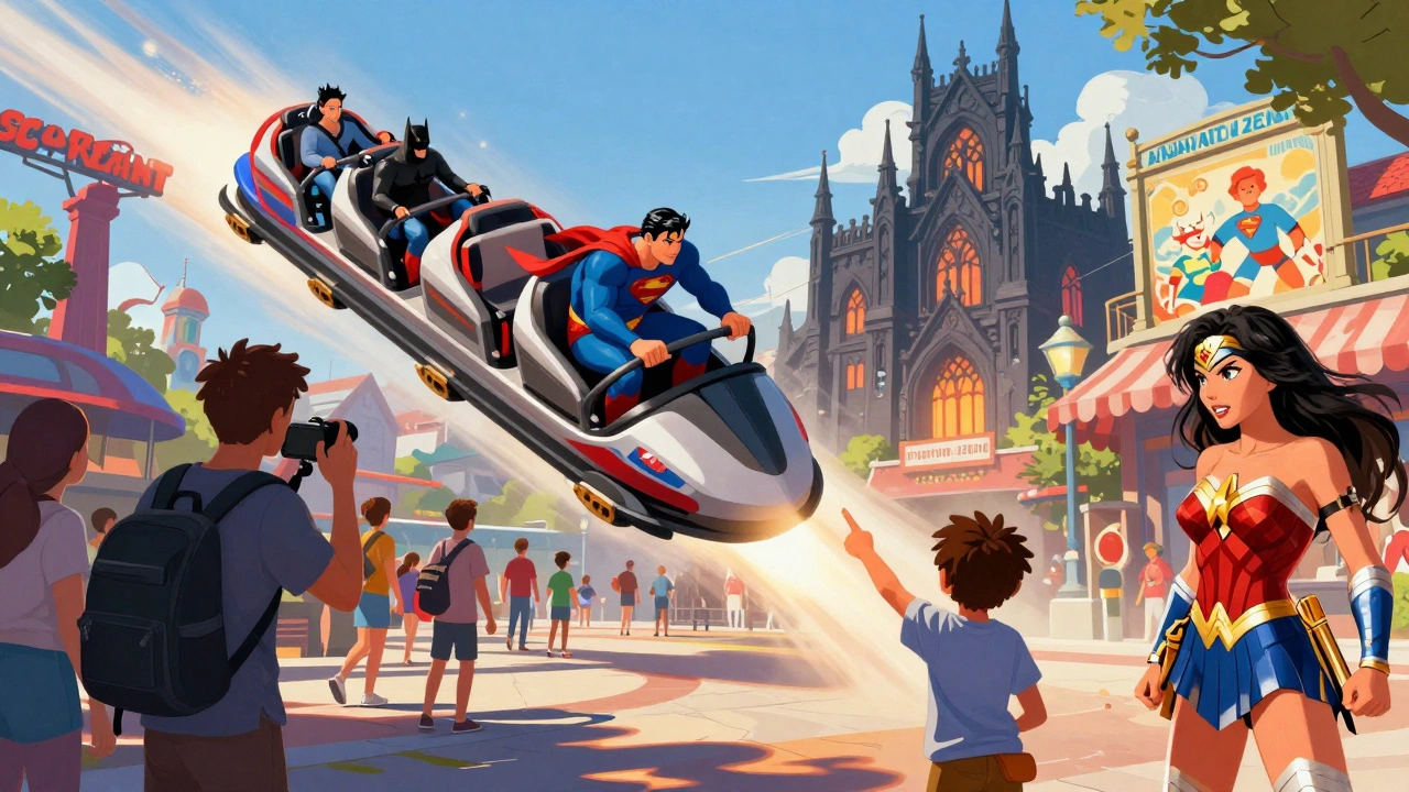 Panorámica diurna de la zona DC Superhéroes con atracciones en acción y personajes en vivo interactuando con visitantes.