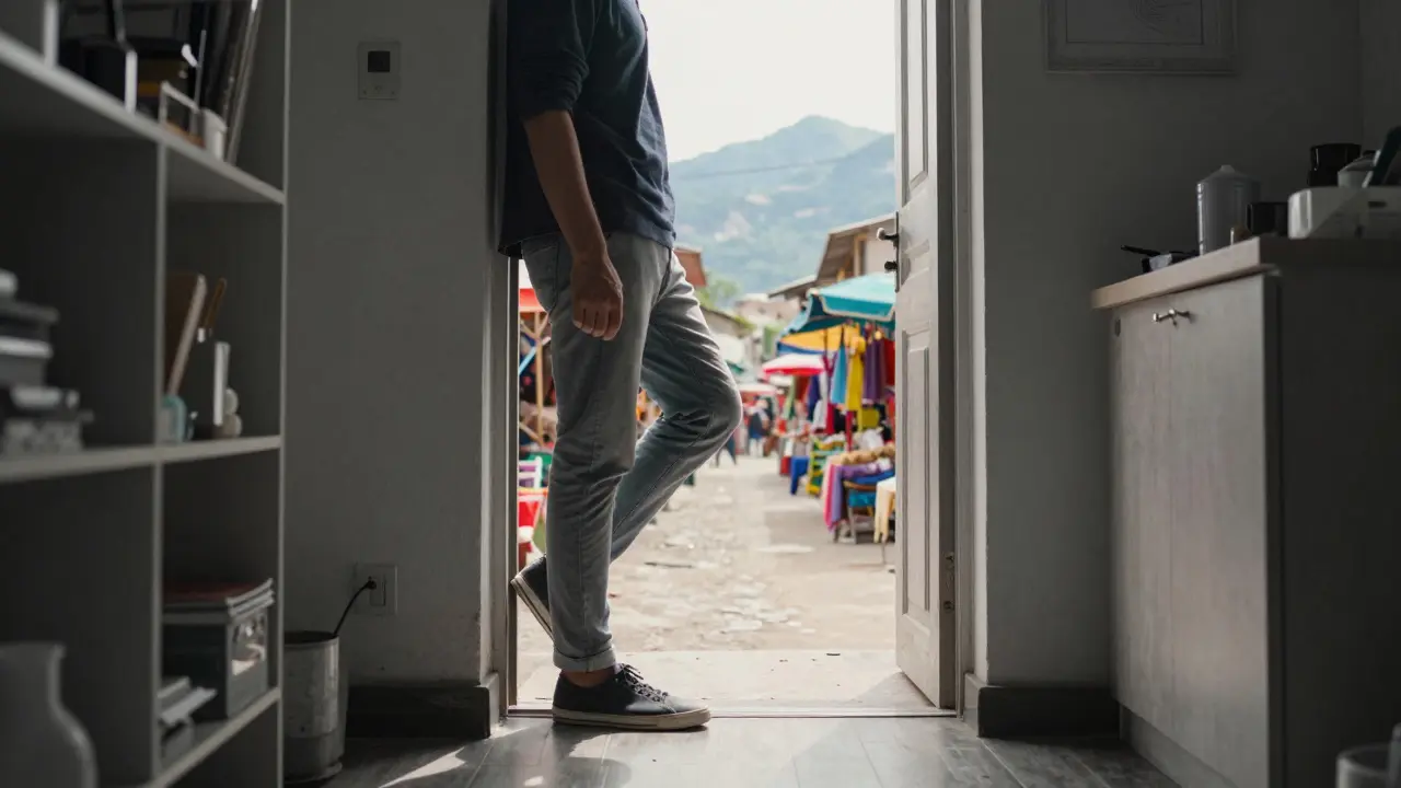 Persona en umbral entre su hogar monótono y una calle extranjera vibrante y luminosa.