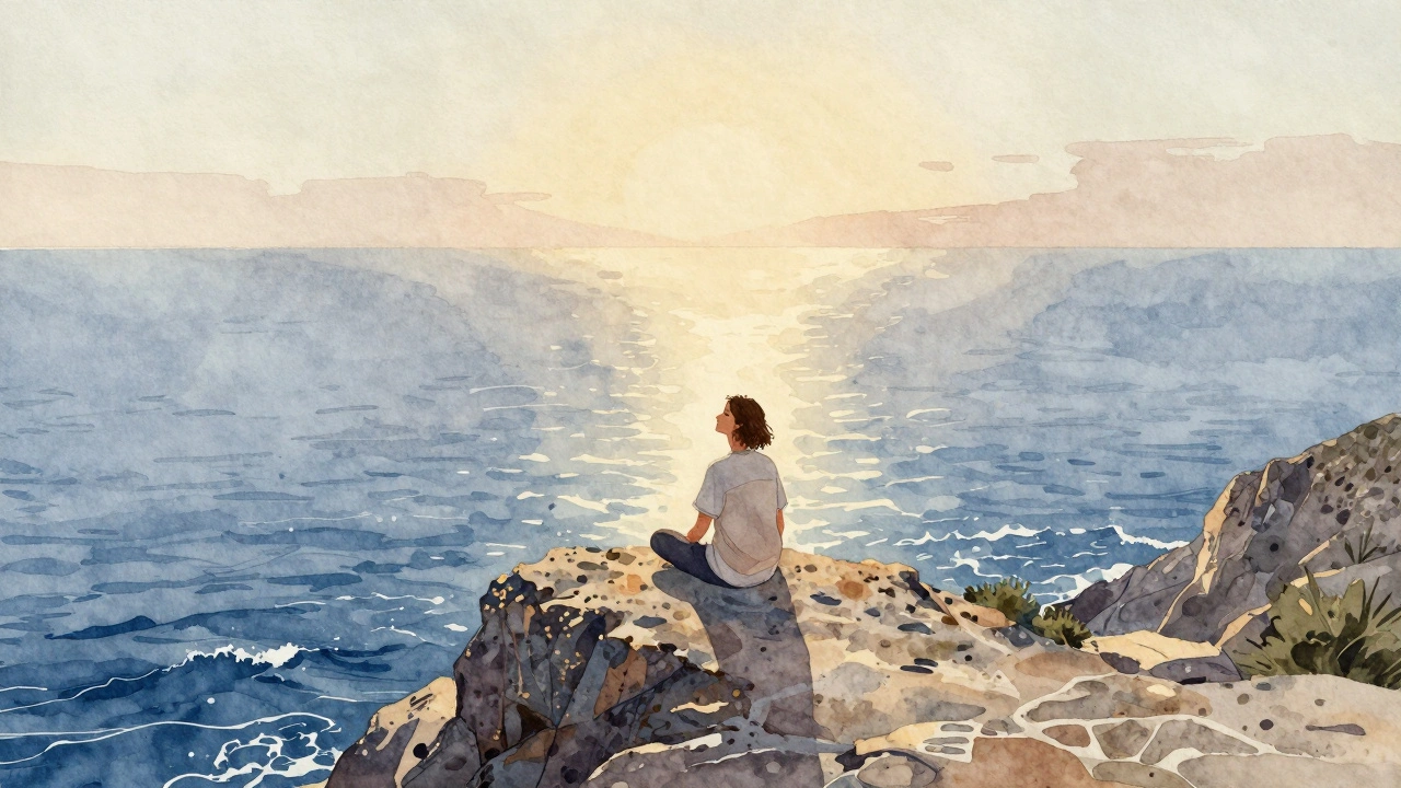 Persona sentada en roca junto al mar, en silencio, al amanecer, sin nada más que el horizonte.