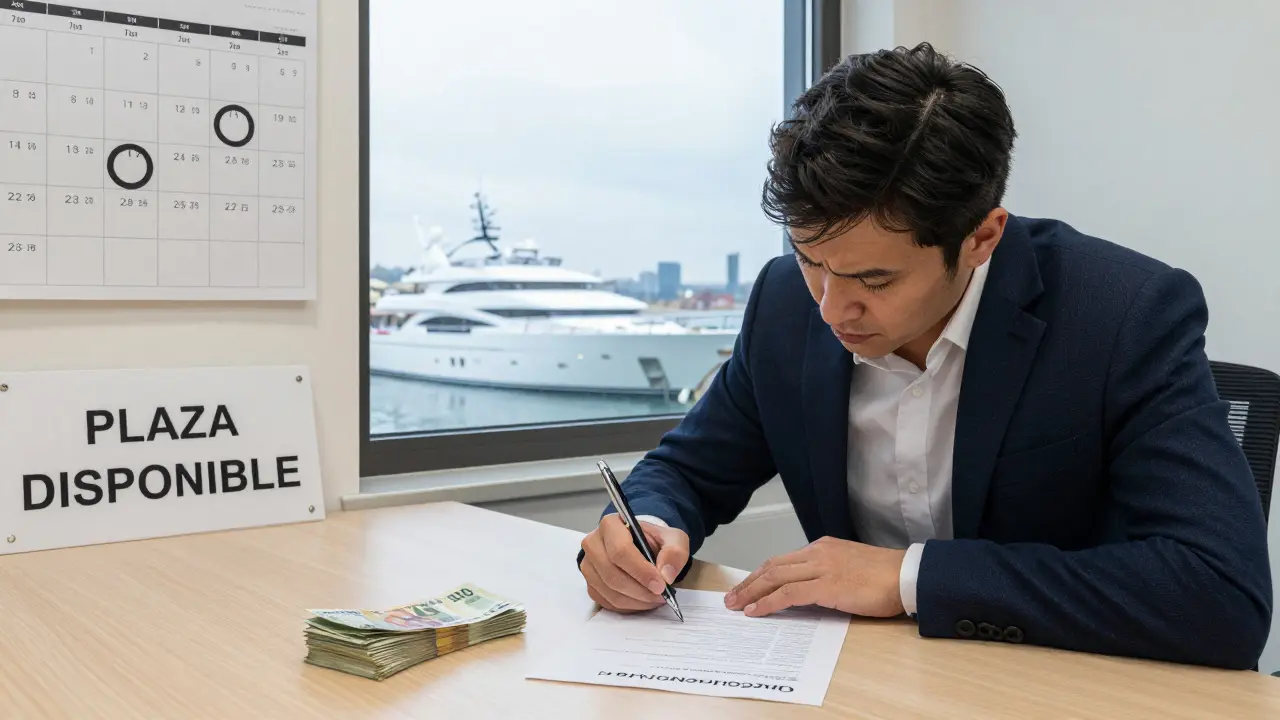 Propietario firmando contrato de amarre de 12 meses en noviembre, con una plaza vacía visible en el puerto y dinero sobre la mesa.