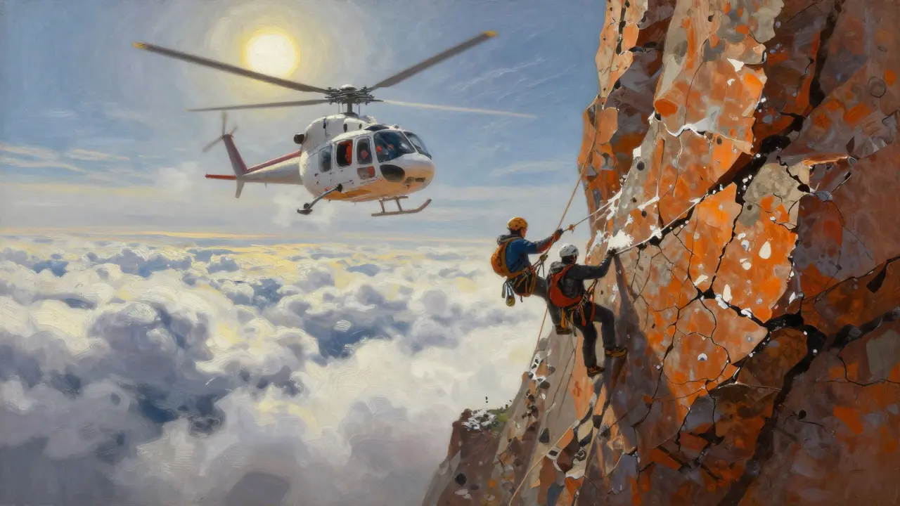 Rescue helicopter hovering near stranded climbers on the crumbling east wall of Pico de la Mota.