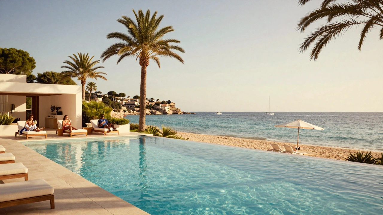 Resort de lujo en Cala d’Or con piscina infinita, palmeras y playa privada al atardecer.