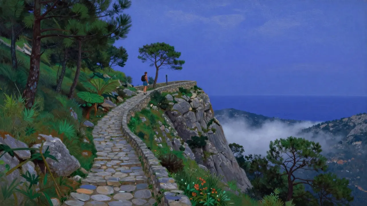 Sendero de piedra en la Sierra de Tramuntana con un senderista en un mirador al atardecer.