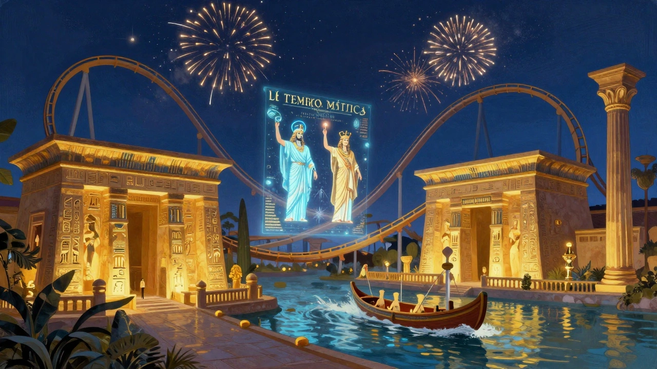 Terra Mítica de noche con atracciones inspiradas en Egipto y Grecia, proyecciones holográficas y fuegos artificiales.