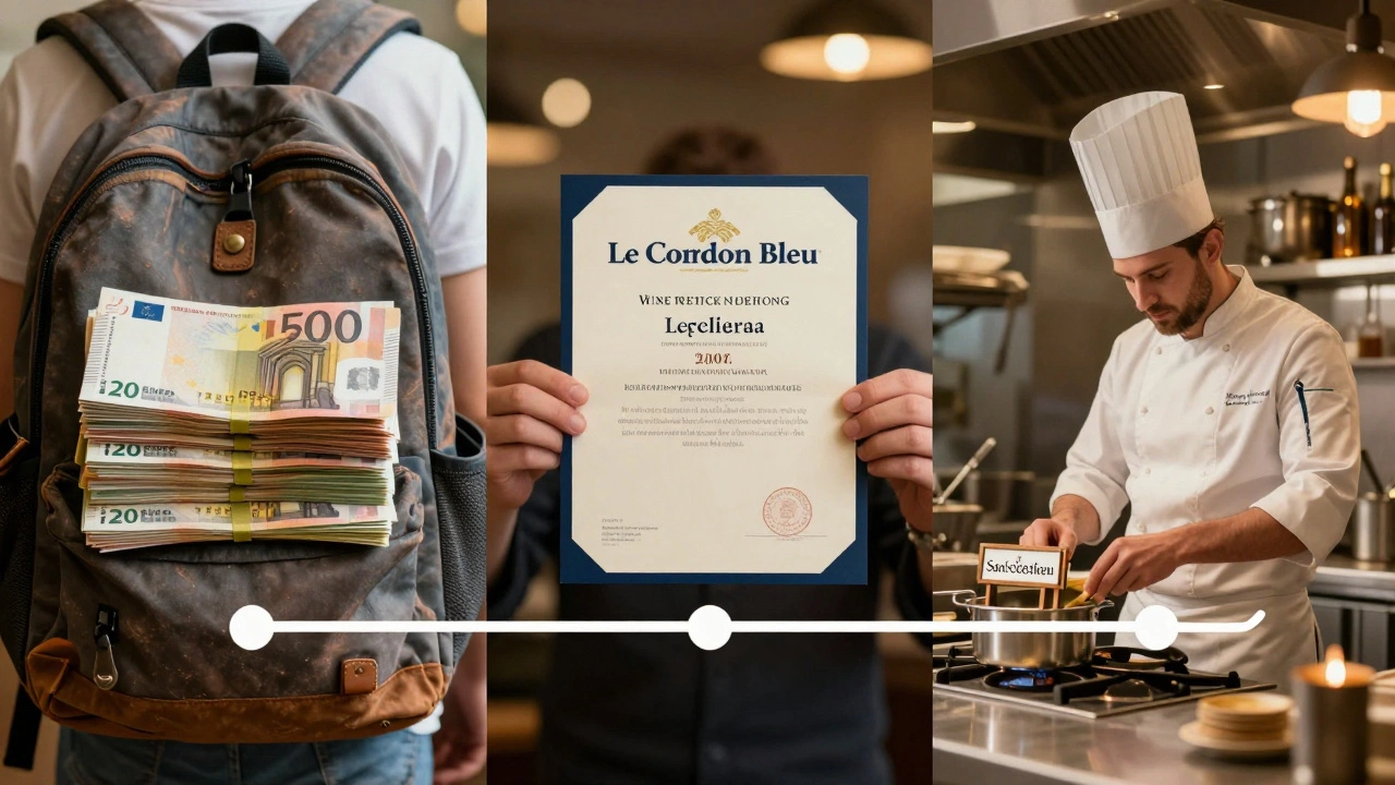 Timeline simbólica: inversión en estudios, diploma y salario de chef exitoso en un restaurante en San Sebastián.