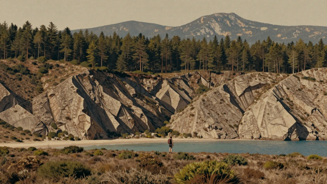 Transición geológica de la llanura a la montaña: rocas, vegetación y relieve cambiantes.