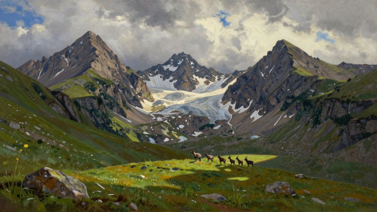 Tres picos majestuosos rodeando un circo glaciar con cabras montesas en las rocas.