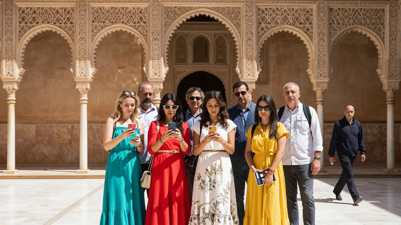 Turistas fotografiándose frente a la Alhambra mientras un local pasa sin prestar atención.