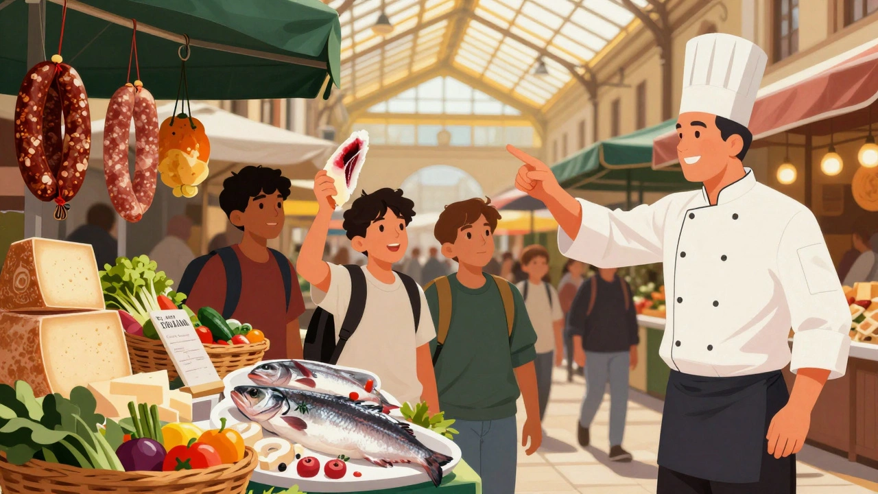 Un chef guía a alumnos por el mercado de San Miguel en Bilbao, mostrando ingredientes locales frescos.