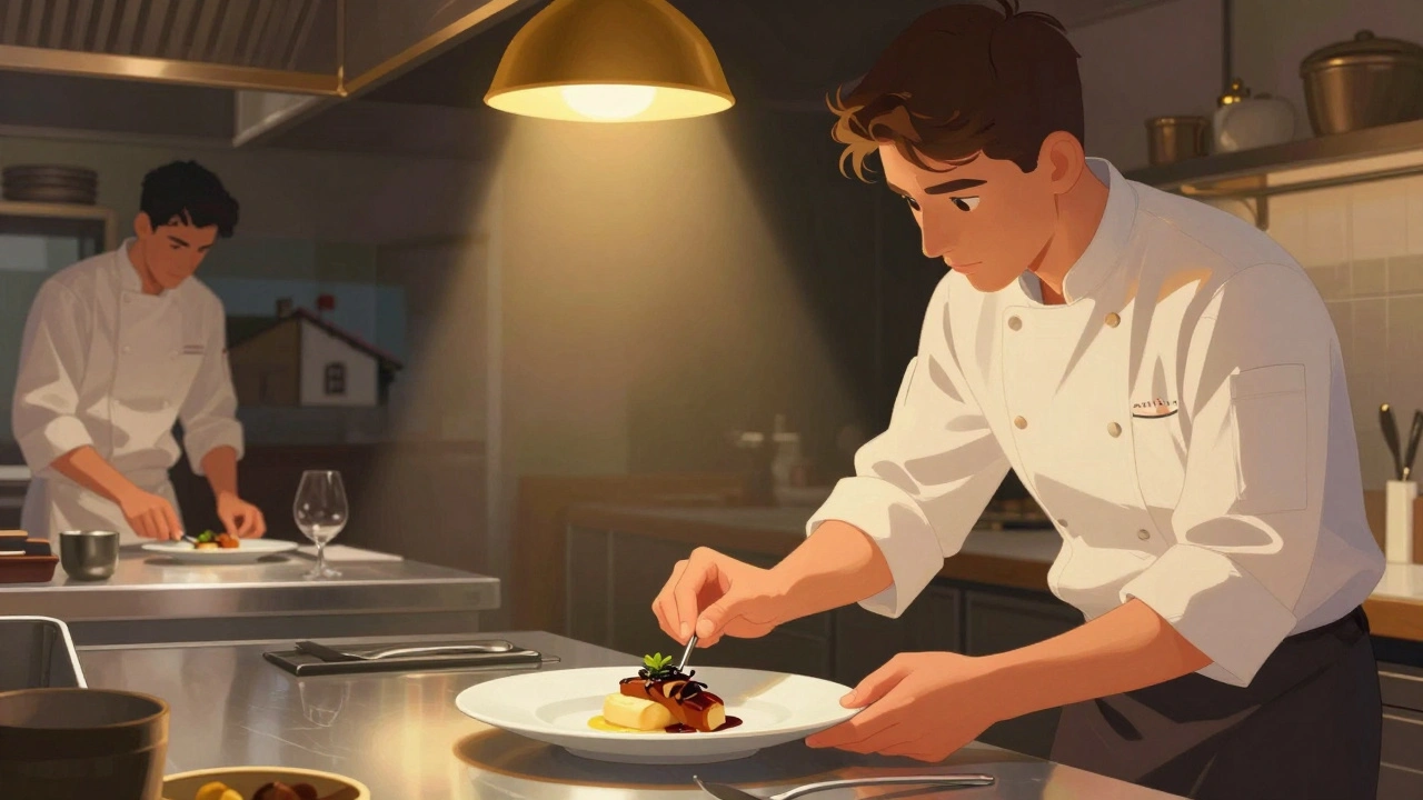 Un estudiante presenta un plato a un chef estrella Michelin en una cocina elegante del País Vasco.