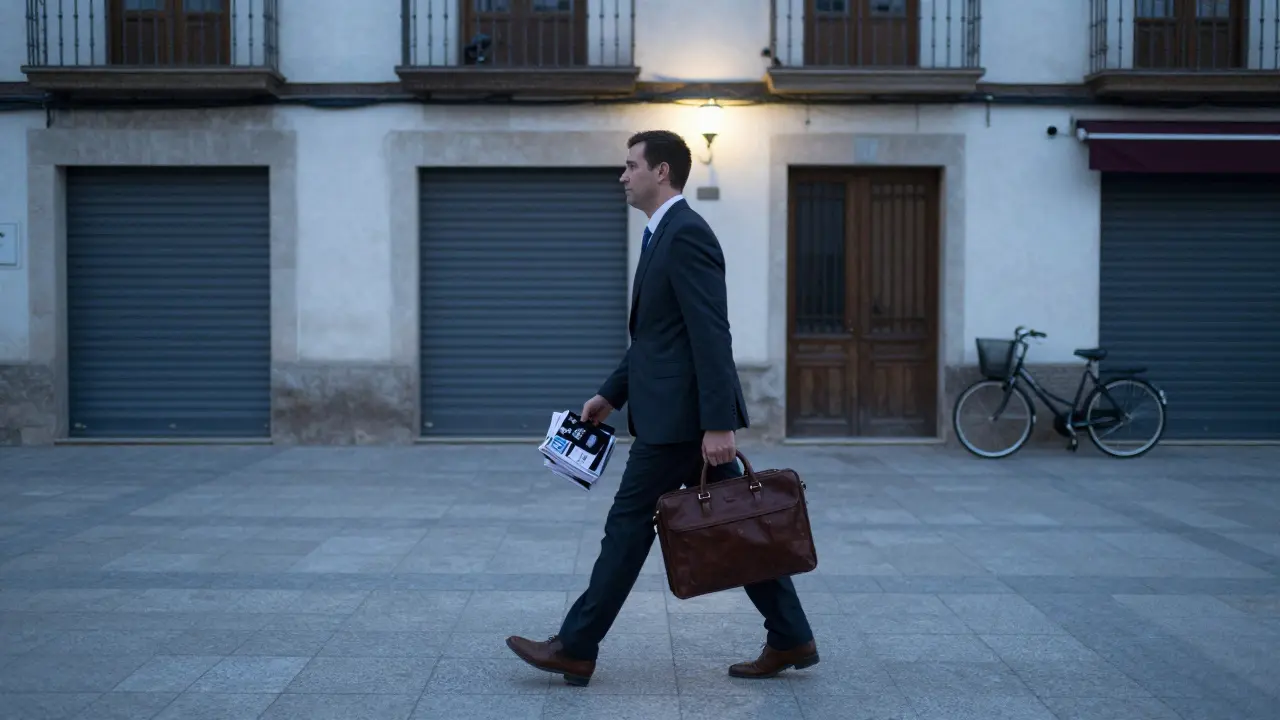 Un viajante profesional camina por una plaza española con maletines y catálogos.