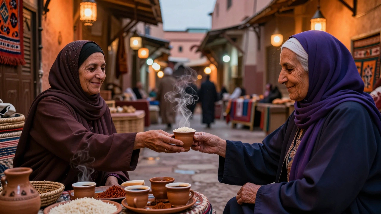 Una mujer ofrece café a un viajero en un mercado marroquí, aceptando arroz como pago.
