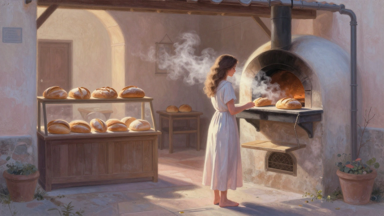 Una mujer respira el aroma del pan recién horneado al amanecer frente a una iglesia vacía en Sicilia.