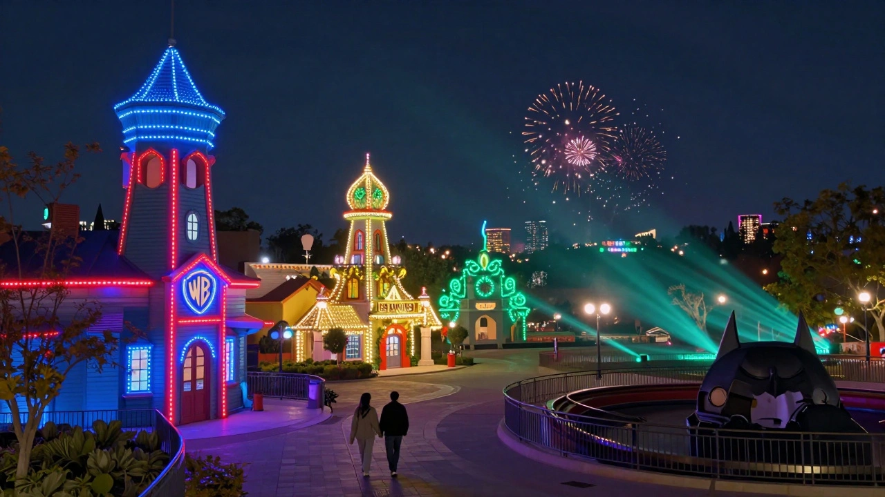 Vista nocturna mágica de Warner Madrid iluminada con luces LED, ambiente tranquilo y efectos de fuegos artificiales lejanos.