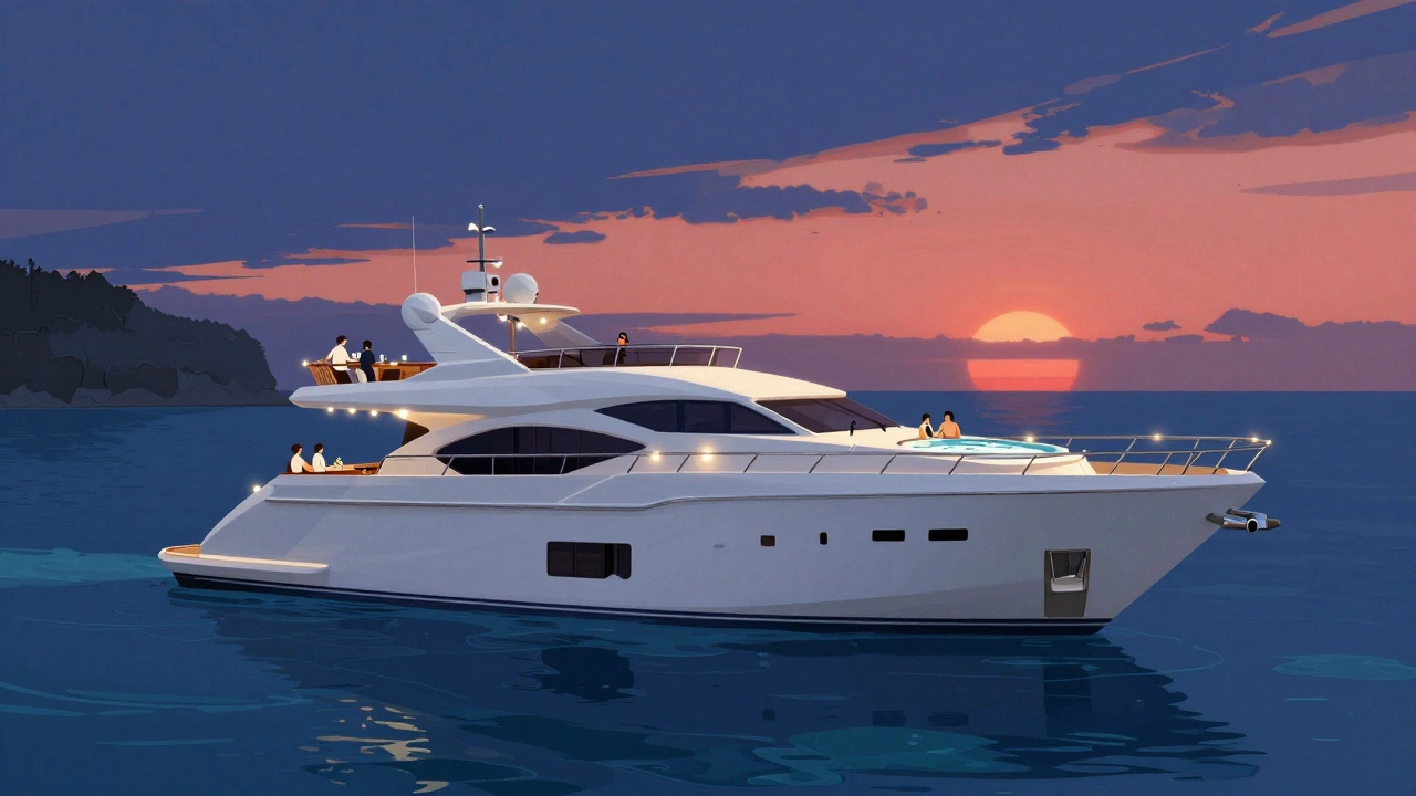 Yate de lujo anclado en una cala secreta al atardecer, con tripulación sirviendo bebidas y jacuzzi activo.
