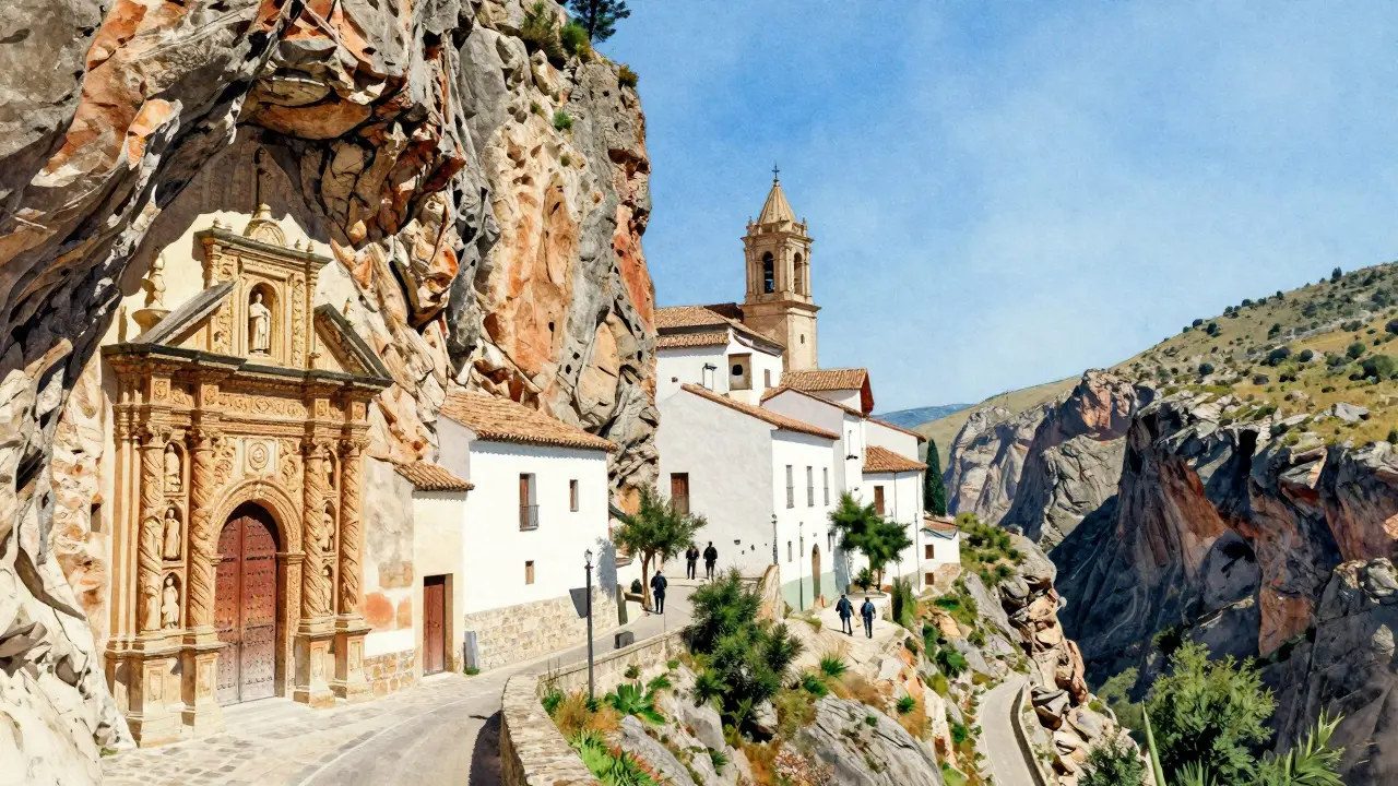 Alquézar sobre un acantilado, casas blancas y la iglesia románica bajo cielo azul, con cañones al fondo.
