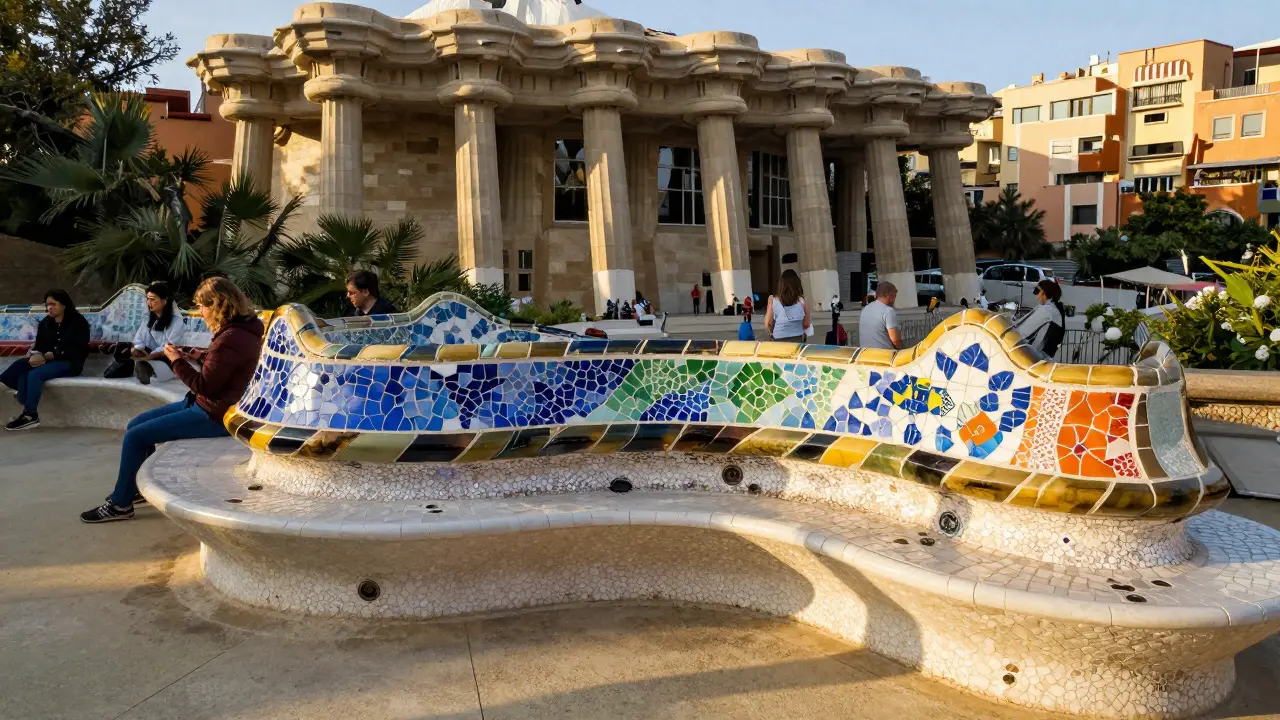 Banco ondulado de mosaicos en la plaza principal del Parque Güell al atardecer.