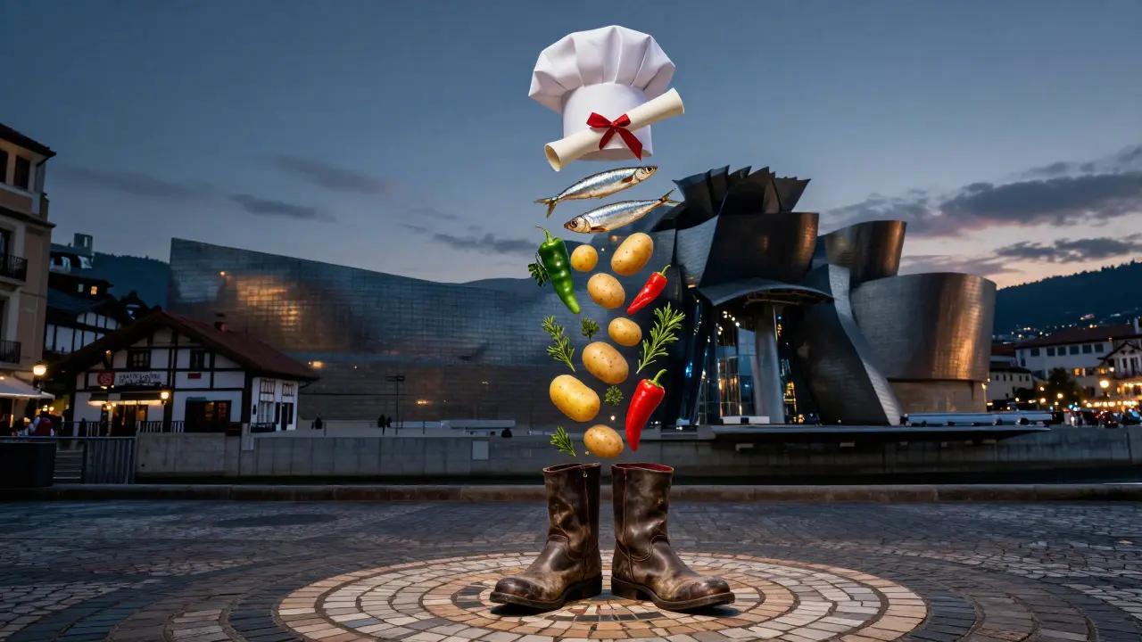 Botas de cocinero con ingredientes que se convierten en un sombrero de chef y un título, con el Guggenheim de fondo.