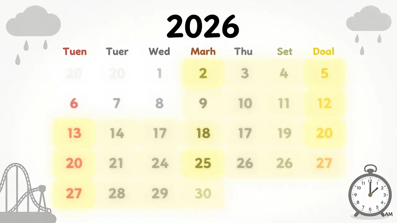 Calendario de 2026 con días ideales para visitar parques de atracciones en España resaltados en amarillo.