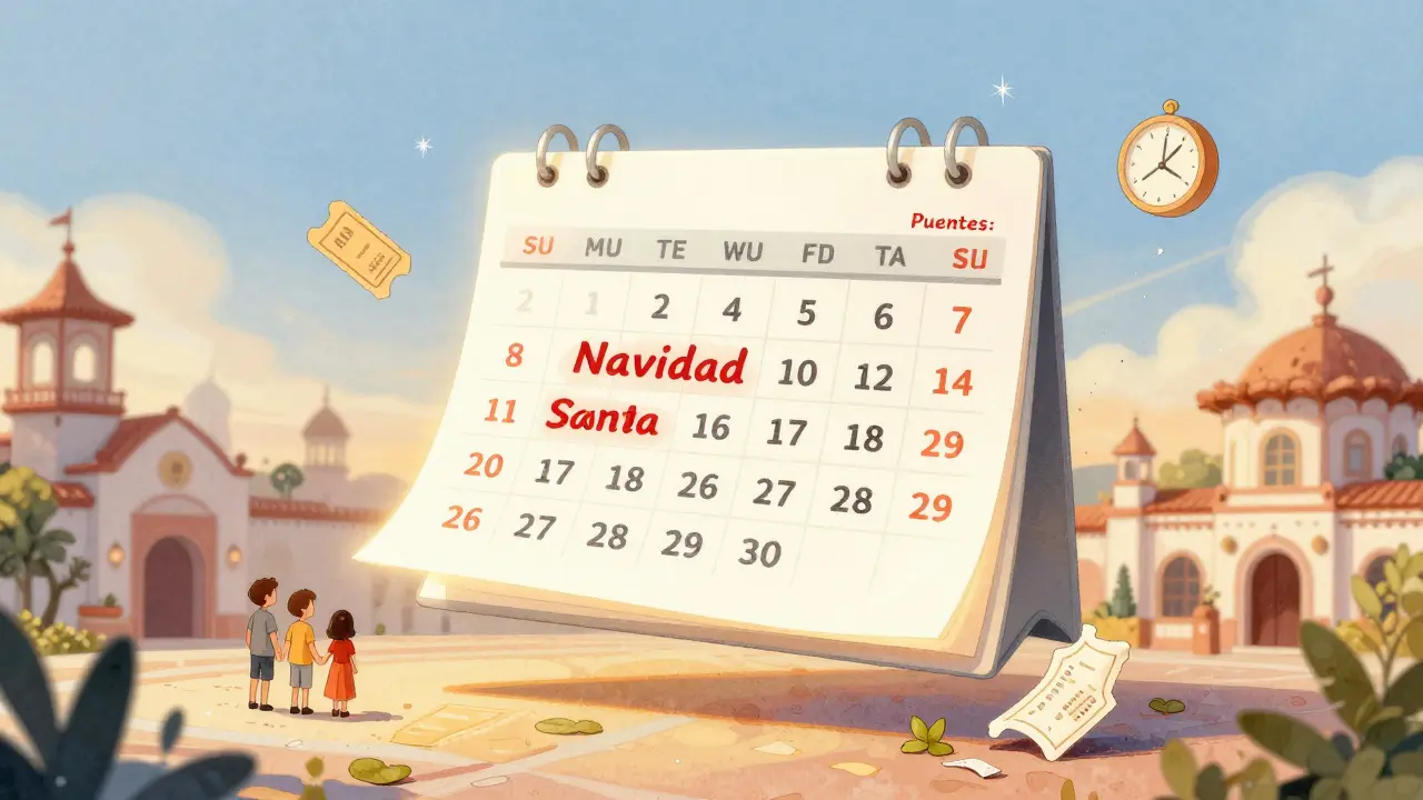 Calendario flotante con días prohibidos en rojo, familias alejándose de un parque temático.