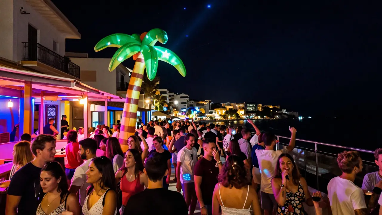 Calle de noche en Magaluf, con bares iluminados, multitudes y luces de neón bajo el cielo estrellado.