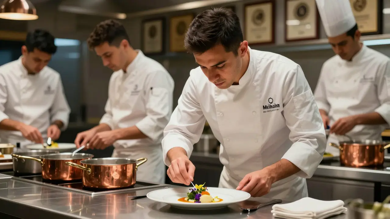 Chef principal plateando un plato de alta cocina en un restaurante con estrella Michelin, con luces suaves y utensilios de cobre.