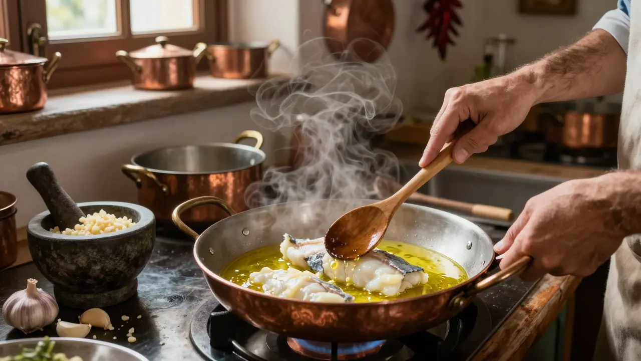 Cocinando bacalao al pil-pil en una sartén de cobre con aceite de oliva y ajo.