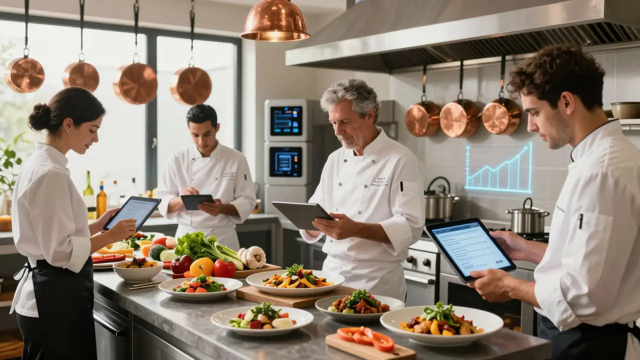 Cocineros modernos preparando comida vegana con tecnología y ingredientes locales, combinando tradición e innovación.