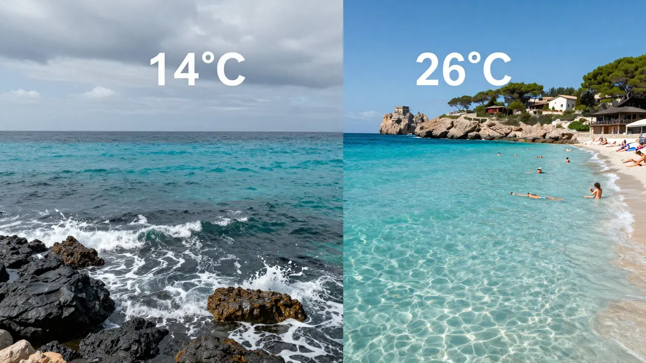 Comparación visual de la temperatura del mar en Mallorca entre invierno y verano, con olas frías y cálidas.
