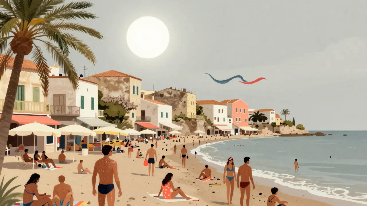Costa sur de Mallorca en julio, con sol intenso, sombrillas y ambiente húmedo.