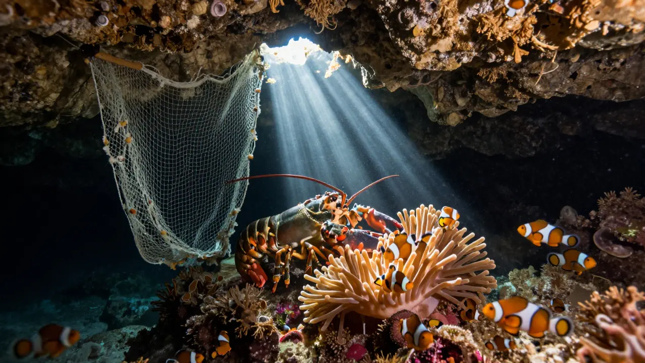 Cueva de caliza en Cala de Sa Riera con luz solar entrando, langosta gigante y peces payaso entre anémonas y redes antiguas.