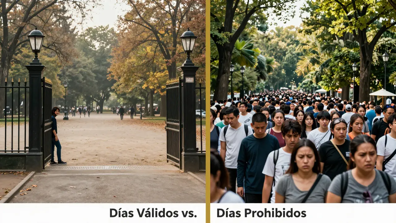 Escena dividida: parque tranquilo en octubre vs. abarrotado en verano, bono válido vs. prohibido.