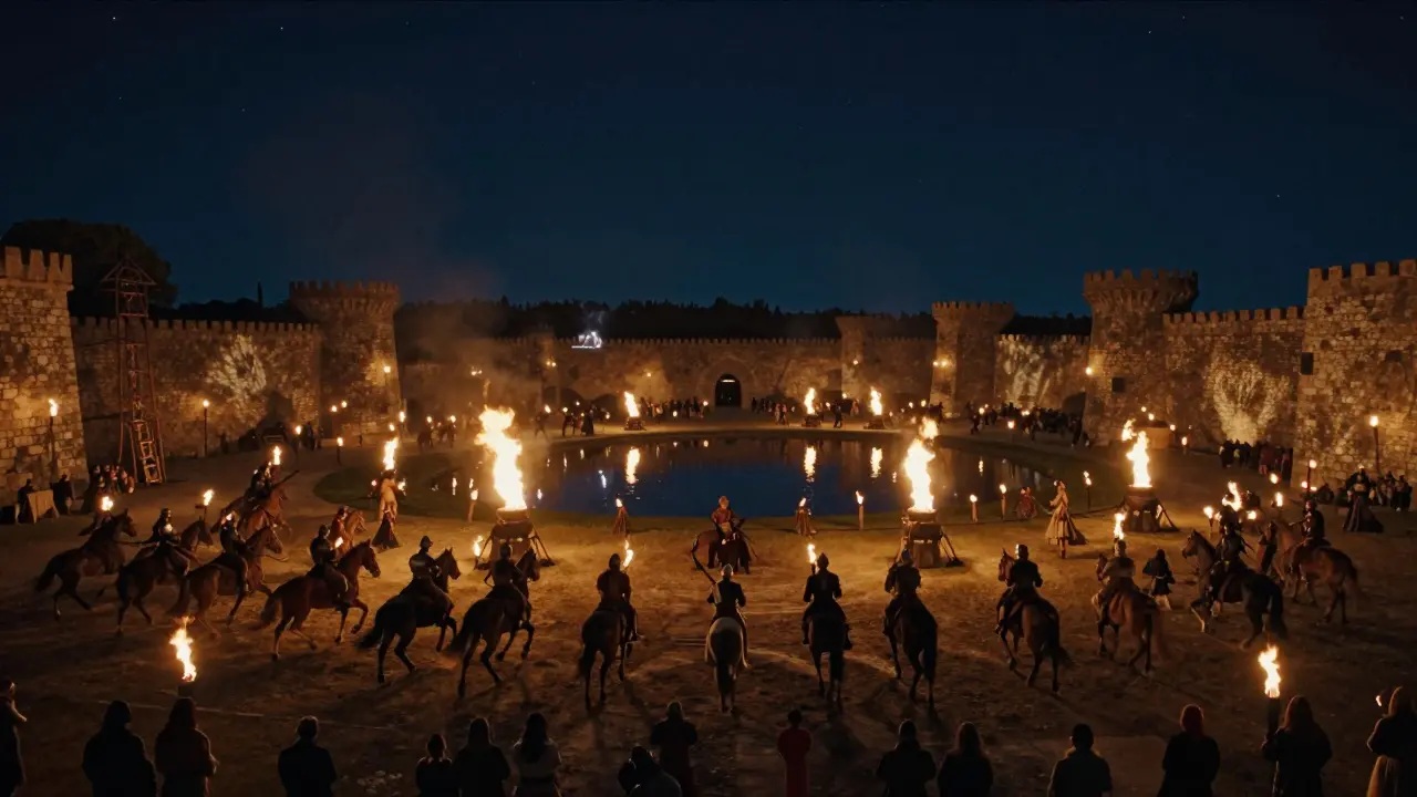 Espectáculo nocturno Cinéscénie con cientos de actores, caballos y fuego.