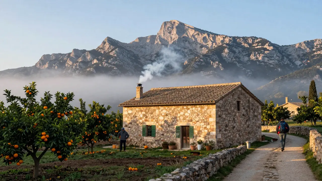 Granja de piedra en la Serra de Tramuntana al amanecer, con un agricultor recolectando naranjas y un senderista en un camino despejado.