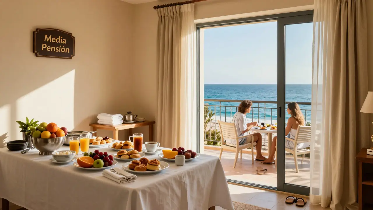 Habitación de hotel en Mallorca con desayuno buffet y vista al mar, incluida en pensión media.
