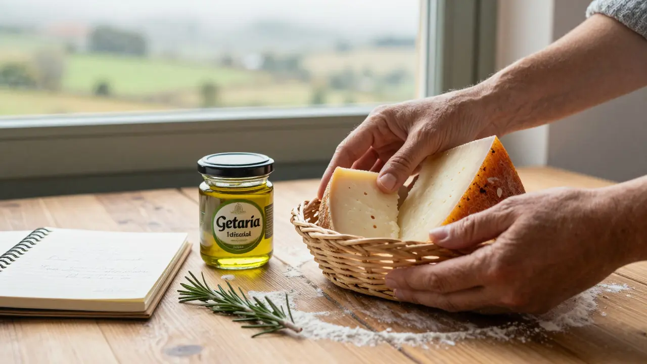 Jarras de aceite y queso Idiazabal en una cesta junto a una receta manuscrita.