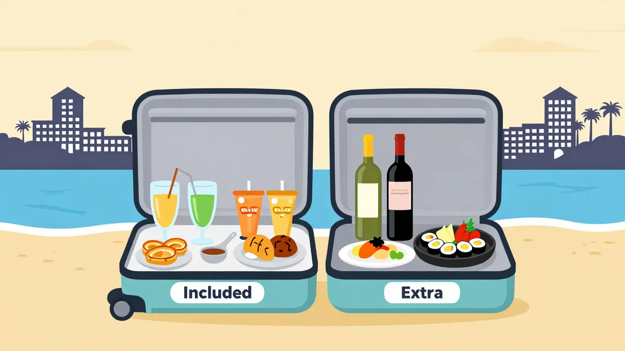 Maleta abierta mostrando dos mundos: comida incluida y gourmet con cargo adicional, sobre la arena de una playa.