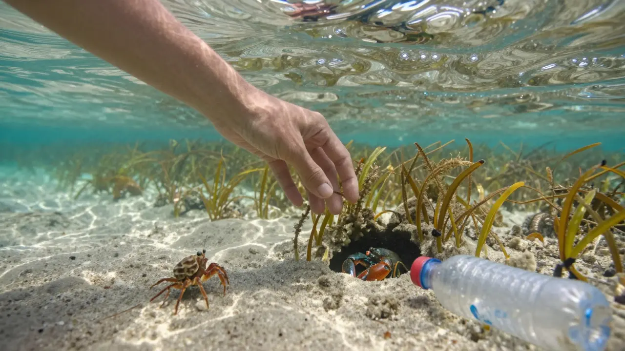 Mano de buceador sobre una pradera de posidonia, con un cangrejo ermitaño y una langosta escondida.