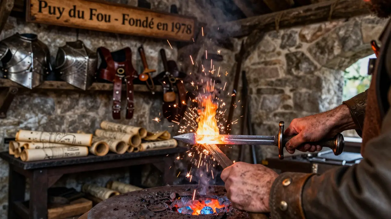 Manos artesanas forjando una espada medieval en una fragua tradicional.