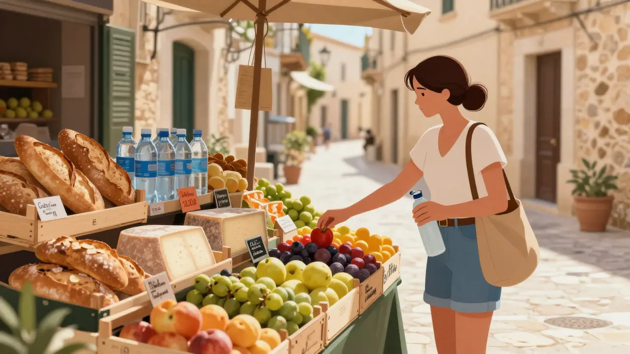 Mercado local en Ciutadella con alimentos frescos y una botella reutilizable.