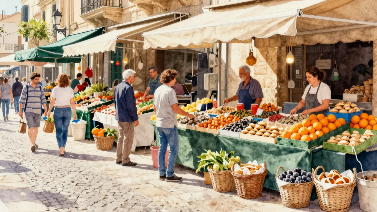 Mercado local en Palma en abril, con pescado fresco, naranjas y ensaimadas, sin multitudes, solo locales comprando.