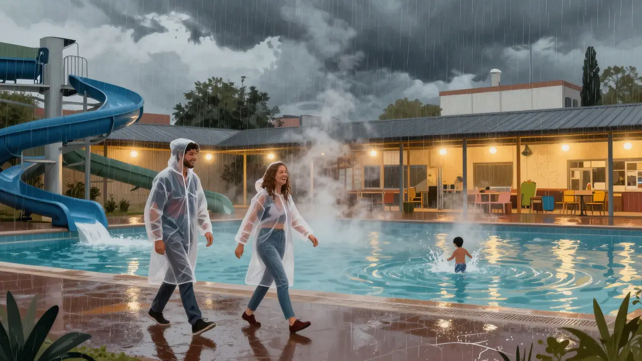 Miércoles lluvioso en Islandia Park, con una pareja usando impermeables y atracciones casi vacías al fondo.