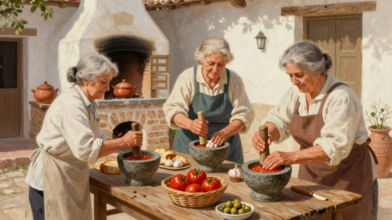Mujeres mayores moliendo ingredientes en un mortero de piedra para hacer gazpacho en un patio andaluz del siglo XVII.