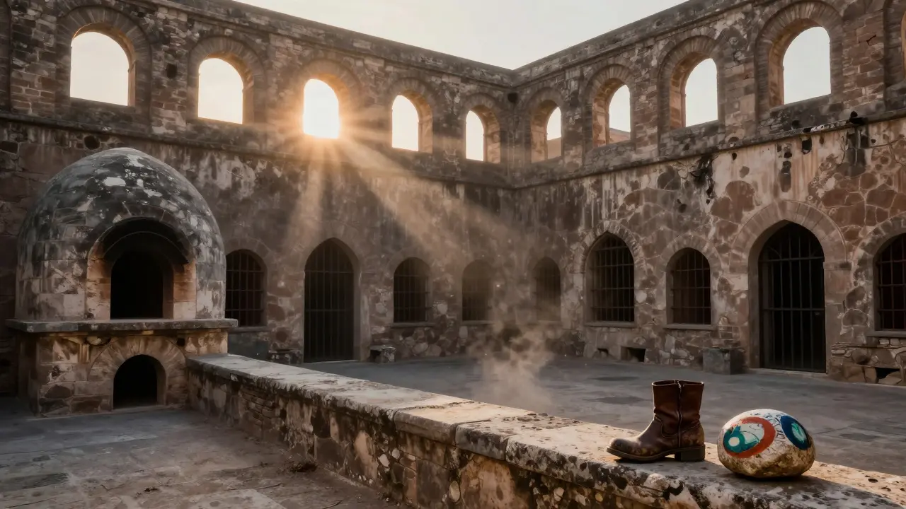 Patio interior de la ciudadela al atardecer, con hornos antiguos y celdas de prisión, y una piedra pintada junto al foso seco.
