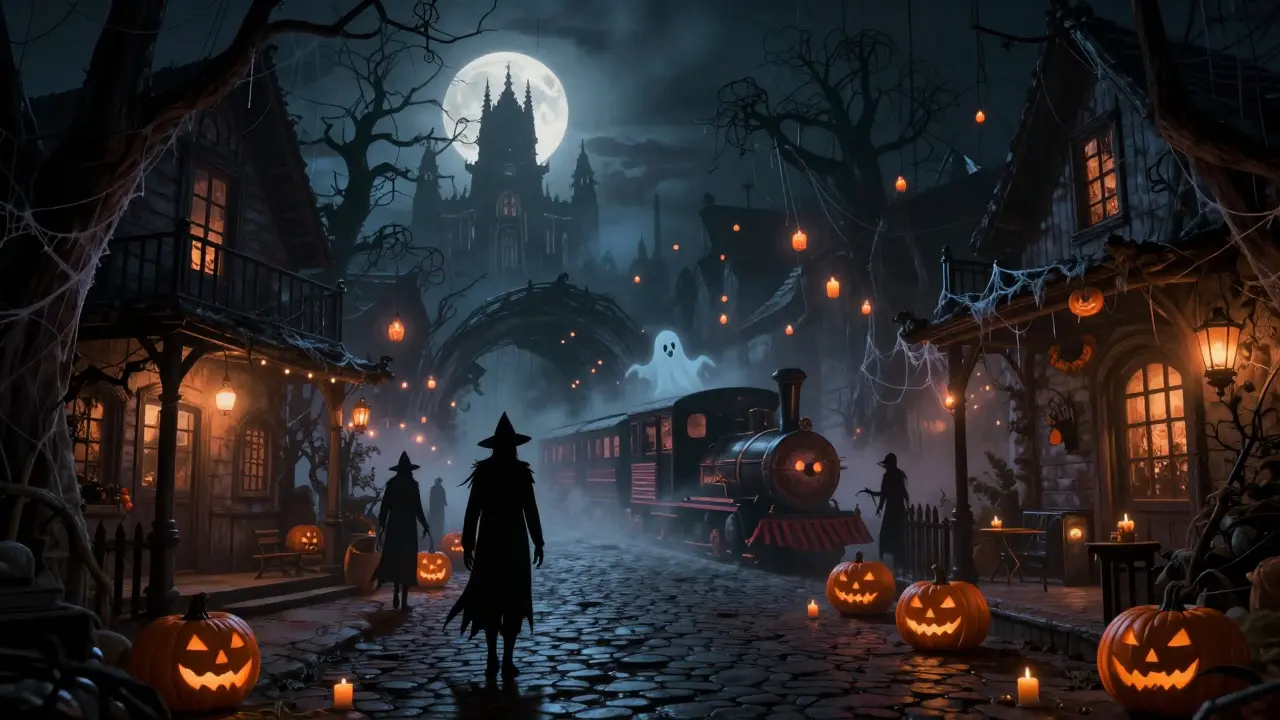 PortAventura en Halloween: calles oscuras iluminadas por calabazas, sombras de personajes aterradores y un tren fantasma entre edificios del Lejano Oeste.
