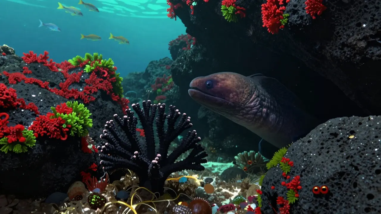 Rocas volcánicas negras con algas rojas y verdes, y un coral negro creciendo lentamente en la Costa Brava.