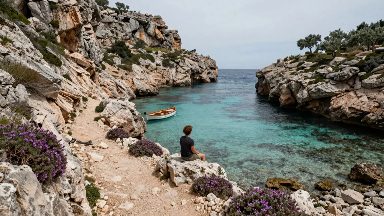 Sendero hacia una cala secreta en Mallorca, con acantilados rocosos y agua turquesa, solo un viajero en silencio.