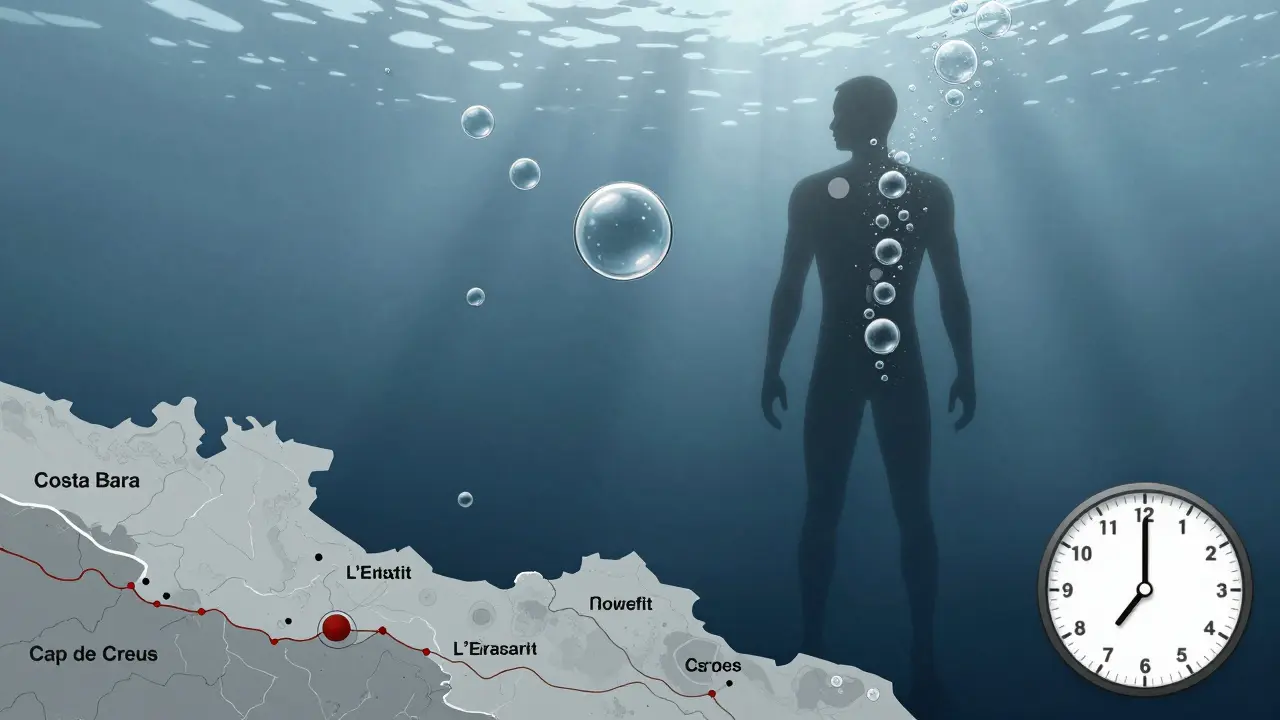 Silueta humana rodeada de burbujas de nitrógeno que se disipan o se vuelven peligrosas, con mapa de la Costa Brava en el fondo.