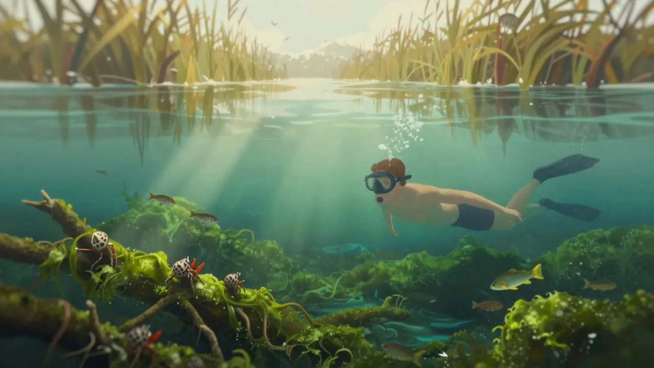 Snorkelista sobre aguas verdes esmeralda en Aiguamolls de l’Empordà, con cangrejos ermitaños y peces entre algas densas.